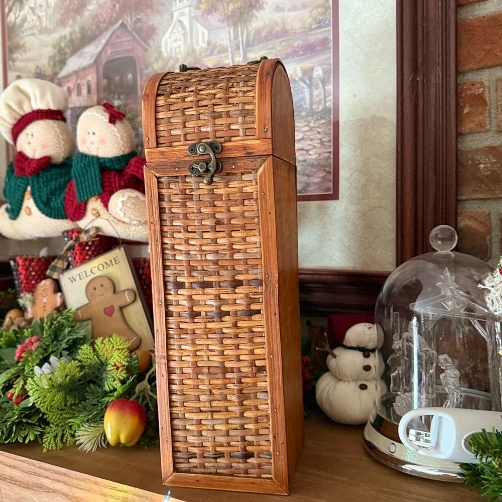 Vintage 1985 Woven Rattan Wooden Wine Box with Brass Handle and Clasp